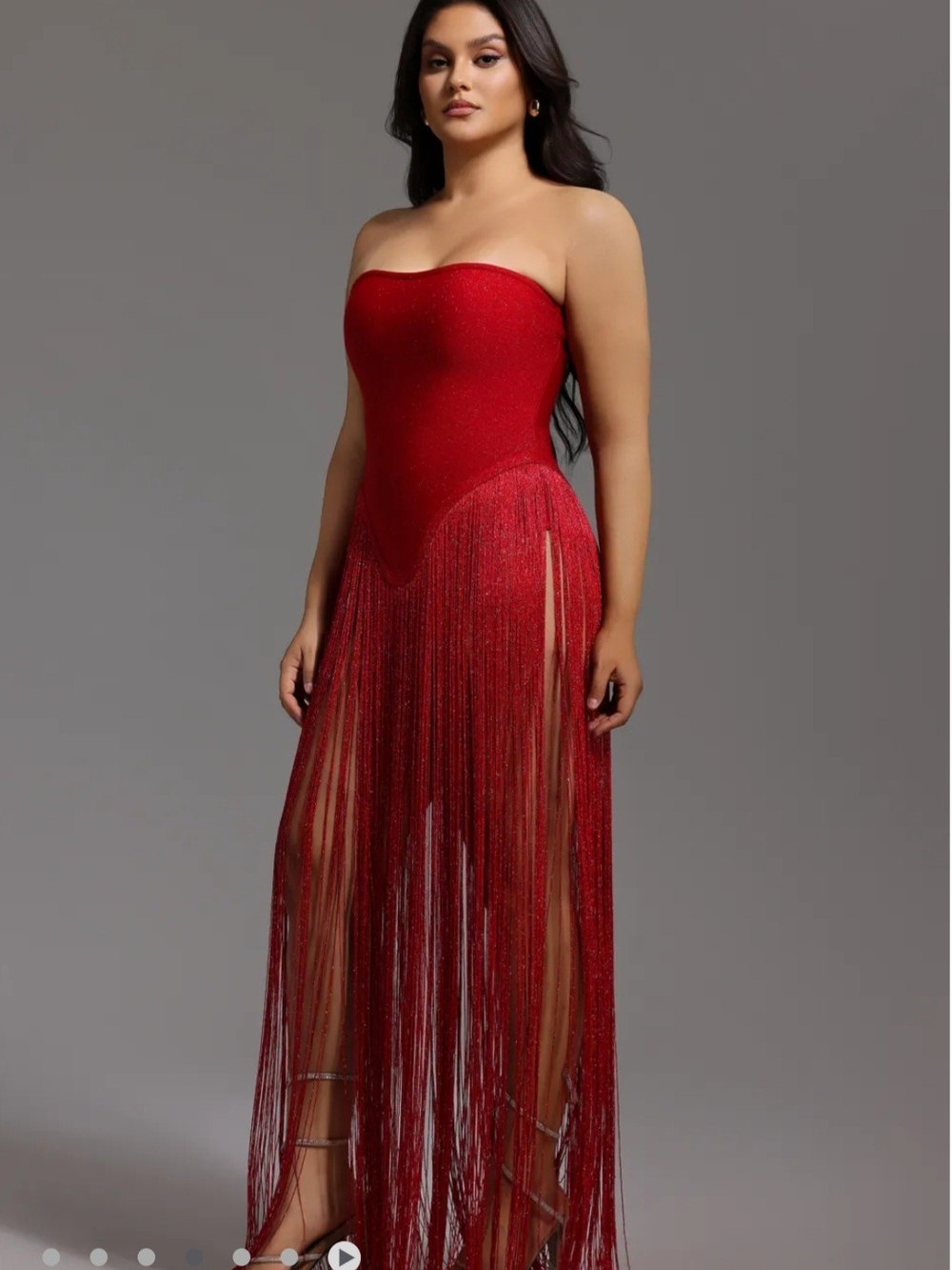 Strapless Red Fringe Evening Gown